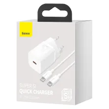 Мережевий зарядний пристрій Baseus Super Si Quick Charger 1C QC3.0+PD3.0 25W Type-C 3A + кабель Baseus Type-C to Type-C 3A 1м Білий