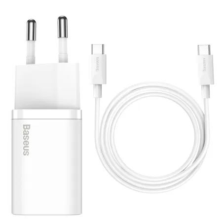 Мережевий зарядний пристрій Baseus Super Si Quick Charger 1C QC3.0+PD3.0 25W Type-C 3A + кабель Baseus Type-C to Type-C 3A 1м Білий