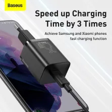 Сетевое зарядное устройство Baseus Super Si Quick Charger 1C QC3.0+PD3.0 25W Type-C 3A + кабель Baseus Type-C to Type-C 3A 1м Черный