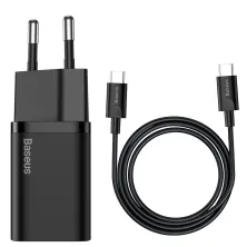 Мережевий зарядний пристрій Baseus Super Si Quick Charger 1C QC3.0+PD3.0 25W Type-C 3A + кабель Baseus Type-C to Type-C 3A 1м Чорний