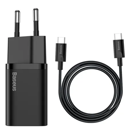 Сетевое зарядное устройство Baseus Super Si Quick Charger 1C QC3.0+PD3.0 25W Type-C 3A + кабель Baseus Type-C to Type-C 3A 1м Черный