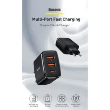 Сетевое зарядное устройство Baseus Compact Quick Charger QC3.0+PD3.0 30W 2USB+Type-C 3A Черный