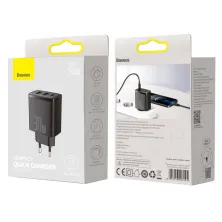Сетевое зарядное устройство Baseus Compact Quick Charger QC3.0+PD3.0 30W 2USB+Type-C 3A Черный