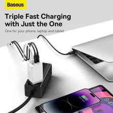 Мережевий зарядний пристрій Baseus GaN5 Pro Fast Charger QC4.0+PD3.0 65W USB+2Type-C 3A + кабель Baseus Type-C to Type-C 100W 20V/5A 1м Білий