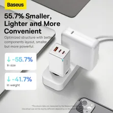 Мережевий зарядний пристрій Baseus GaN5 Pro Fast Charger QC4.0+PD3.0 65W USB+2Type-C 3A + кабель Baseus Type-C to Type-C 100W 20V/5A 1м Білий
