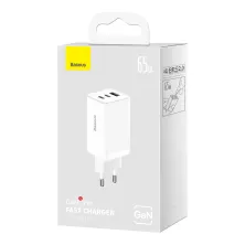 Мережевий зарядний пристрій Baseus GaN5 Pro Fast Charger QC4.0+PD3.0 65W USB+2Type-C 3A + кабель Baseus Type-C to Type-C 100W 20V/5A 1м Білий