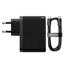 Мережевий зарядний пристрій Baseus GaN5 Pro Fast Charger QC4.0+PD3.0 100W USB+Type-C 5A + кабель Baseus Type-C to Type-C 100W 20V/5A 1м Чорний
