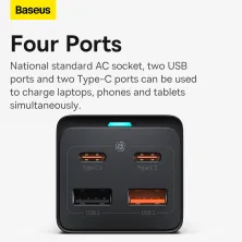 Мережевий зарядний пристрій Baseus GaN3 Pro Fast Charger QC4.0 + PD3.0 65W AC + 2USB + 2Type-C 3A + кабель Baseus Type-C to Type-C 100W 20V/5A 1м Чорний