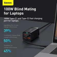 Мережевий зарядний пристрій Baseus GaN3 Pro Desktop Fast Charger QC4.0+PD3.0 100W 2USB+2Type-C 5A + кабель Baseus Type-C to Type-C 100W 20V/5A 1м Чорний