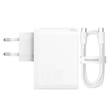 Мережевий зарядний пристрій Baseus GaN5 Pro Fast Charger QC4.0+PD3.0 100W USB+Type-C 5A + кабель Baseus Type-C to Type-C 100W 20V/5A 1м Білий