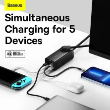 Сетевое зарядное устройство Baseus GaN3 Pro PowerStrip Fast Charger QC4.0+PD3.0 100W AC+2USB+2Type-C 5A + кабель Baseus Type-C to Type-C 100W 20V/5A 1м Черный