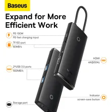 USB-хаб Baseus 6in1 Lite Series 6-Port Type-C HUB Adapter Type-C to USB3.0*2, Type-C(PD)*1, 4KHDMI, TF, SD  Чорний