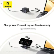 Бездротовий зарядний пристрій Baseus PicoGo Series 2-in-1 Magnetic з функцією MagSafe і Qi2 15W та вбудованим кабелем Type-C 67W Чорний