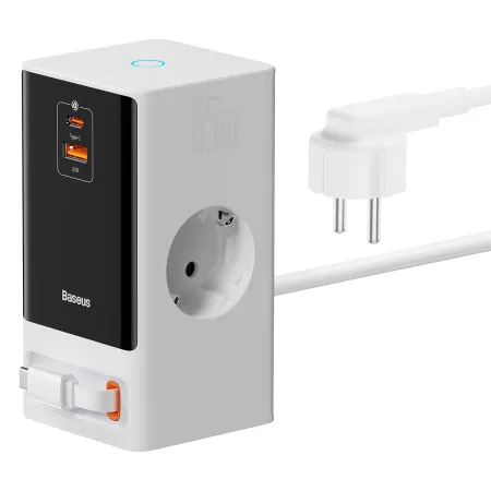Сетевое зарядное устройство Baseus GaN5 PowerCombo Digital PowerStrip 65W 2AC+USB+Type-C + кабель Baseus Type-C to Type-C 100W 20V/5A 1м Белый