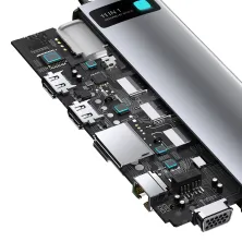 USB-хаб Baseus 11in1 Metal Gleam 11-Port Type-C HUB Adapter Type-C to USB3.0*3, Type-C(PD)*1, 4KHDMI*2, VGA, RJ45, AUX, TF, SD Сірий