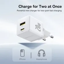 Мережевий зарядний пристрій Baseus Palm Fast Charger QC3.0+PD3.0 20W USB+Type-C 3A Білий