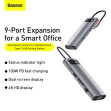 USB-хаб Baseus 9in1 Metal Gleam 9-Port Type-C HUB Adapter Type-C to USB3.0*3, Type-C(PD)*1, 4KHDMI, VGA, RJ45, TF, SD Серый