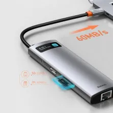USB-хаб Baseus 8in1 Metal Gleam 8-Port Type-C HUB Adapter Type-C to USB3.0*3, Type-C(PD)*1, 4KHDMI, RJ45, TF, SD Серый