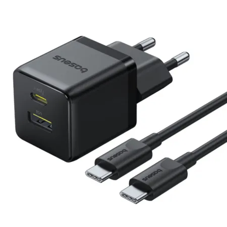 Мережевий зарядний пристрій Baseus Palm Fast Charger QC3.0+PD3.0 30W USB+Type-C 3A + Кабель Type-C to Type-C 60W 20V/3A 1м Чорний