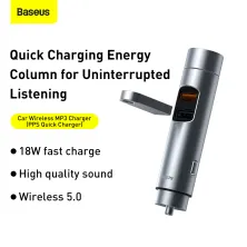 FM-трансмиттер Baseus Energy Column 2в1 MP3 Car QC3.0 18W Charger Bluetooth 5.0 2USB 3A Серебристый