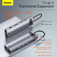 USB-хаб Baseus 11in1 Metal Gleam 11-Port Type-C HUB Adapter Type-C to USB3.0*3, Type-C(PD)*1, 4KHDMI*2, VGA, RJ45, AUX, TF, SD Сірий
