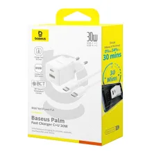 Мережевий зарядний пристрій Baseus Palm Fast Charger QC3.0+PD3.0 30W USB+Type-C 3A + Кабель Type-C to Type-C 60W 20V/3A 1м Білий