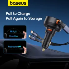 Автомобильное зарядное устройство Baseus Enjoyment Pro Retractable 60W USB и c встроенным кабелем 2-in-1 Type-C и Lightning  0.70м Черный