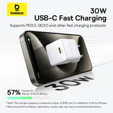 Сетевое зарядное устройство Baseus Palm Fast Charger 1C PD3.0 30W Type-C 3A  + Кабель Type-C to Type-C 60W 20V/3A 1м Белый