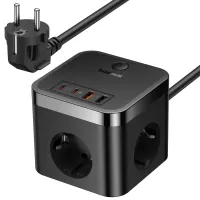 Мережевий зарядний пристрій Baseus PowerCombo Cube PowerStrip 30W 3AC+2USB+2Type-C 3A Чорний