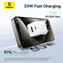 Мережевий зарядний пристрій Baseus Palm Fast Charger QC3.0+PD3.0 30W USB+Type-C 3A + Кабель Type-C to Type-C 60W 20V/3A 1м Білий