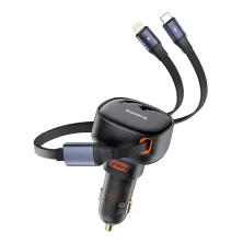 Автомобильное зарядное устройство Baseus Enjoyment Pro Retractable 60W USB и c встроенным кабелем 2-in-1 Type-C и Lightning  0.70м Черный