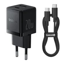 Сетевое зарядное устройство Baseus Palm Fast Charger QC3.0+PD3.0 20W USB+Type-C 3A + Кабель Type-C to Type-C 60W 20V/3A 1м Черный