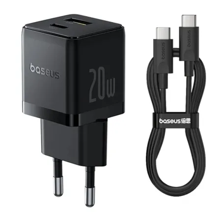Сетевое зарядное устройство Baseus Palm Fast Charger QC3.0+PD3.0 20W USB+Type-C 3A + Кабель Type-C to Type-C 60W 20V/3A 1м Черный