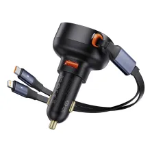 Автомобильное зарядное устройство Baseus Enjoyment Pro Retractable 60W USB и c встроенным кабелем 2-in-1 Type-C и Lightning  0.70м Черный