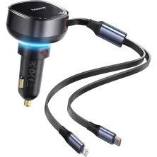Автомобильное зарядное устройство Baseus Enjoyment Pro Retractable 60W USB и c встроенным кабелем 2-in-1 Type-C и Lightning  0.70м Черный