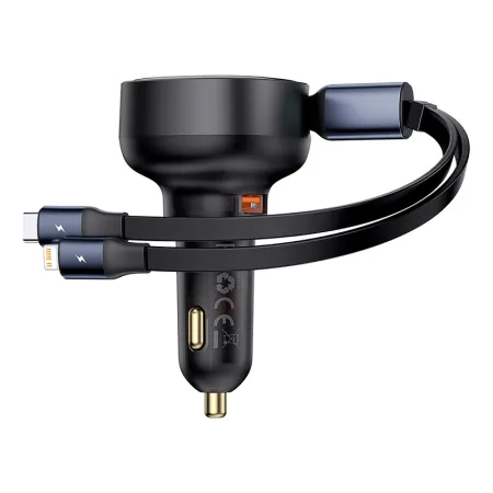Автомобильное зарядное устройство Baseus Enjoyment Pro Retractable 60W USB и c встроенным кабелем 2-in-1 Type-C и Lightning  0.70м Черный