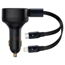 Автомобильное зарядное устройство Baseus Enjoyment Retractable 30W c встроенным кабелем 2-in-1 Type-C и Lightning 0.75м Черный
