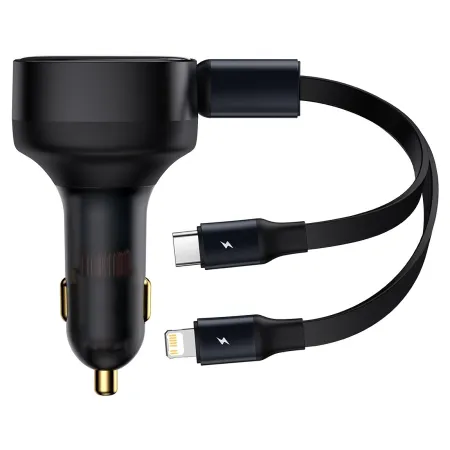 Автомобильное зарядное устройство Baseus Enjoyment Retractable 30W c встроенным кабелем 2-in-1 Type-C и Lightning 0.75м Черный