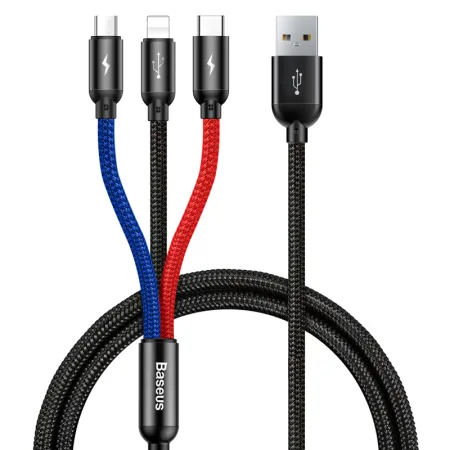 Кабель Baseus Three Primary Colors 3-in-1 Fast Charging Data Cable USB to Lightning+Type-C+MicroUSB 3.5А 0.3m Чорний