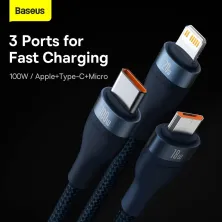 Кабель Baseus Flash Series 2 3-in-2 Fast Charging Data Cable  USB+Type-C to Lightning+Type-C+MicroUSB 100W 1.2m Синий