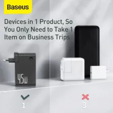 Сетевое зарядное устройство Baseus GaN 2in1 QC3.0+PD3.0 45W USB+Type-C 5A с функцией Павербанка 10000mAh + кабель Type-C 60W 20V/3A 1м Черный