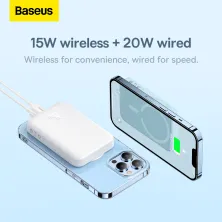 УМБ Baseus Magnetic Mini Wireless Fast Charge 2in1 10000mAh 20W 2.4A QC3.0+PD3.0 с Беспроводной зарядкой Qi 15W Белый