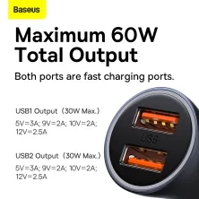 Автомобильное зарядное устройство Baseus Golden Contactor Max Dual Fast Charger Car Charger 60W 2USB Серый