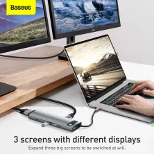 USB-хаб Baseus 11in1 Metal Gleam 11-Port Type-C HUB Adapter Type-C to USB3.0*3, Type-C(PD)*1, 4KHDMI*2, VGA, RJ45, AUX, TF, SD Сірий