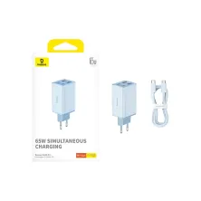 Мережевий зарядний пристрій Baseus GaN6 Pro 65W 2USB+2Type-C + кабель Baseus Type-C to Type-C 100W 20V/5A 1м Блакитний