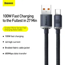 Кабель Baseus Crystal Shine Series Fast Charging Data Cable USB to Type-C 100W 20V 5A 2m Чорний