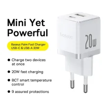 Мережевий зарядний пристрій Baseus Palm Fast Charger QC3.0+PD3.0 20W USB+Type-C 3A Білий