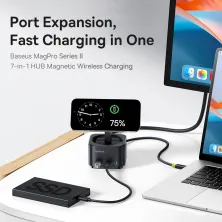 USB-хаб з Бездротовою зарядкою Baseus 7in1 MagPro Series 2 7-Port Type-C HUB Adapter Type-C to USB3.2*2, Type-C3.2*1, Type-C(PD)*1, 4KHDMI, SD/TF 3.0 Чорний