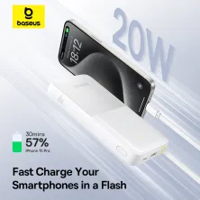 УМБ Baseus Bipow 2 with USB-C Cable 10000mAh 20W с технологией QC3.0+PD3.0 и Type-C кабелем 20W Белый