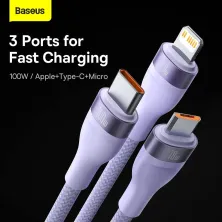 Кабель Baseus Flash Series 2 3-in-2 Fast Charging Data Cable  USB+Type-C to Lightning+Type-C+MicroUSB 100W 1.2m Фіолетовий